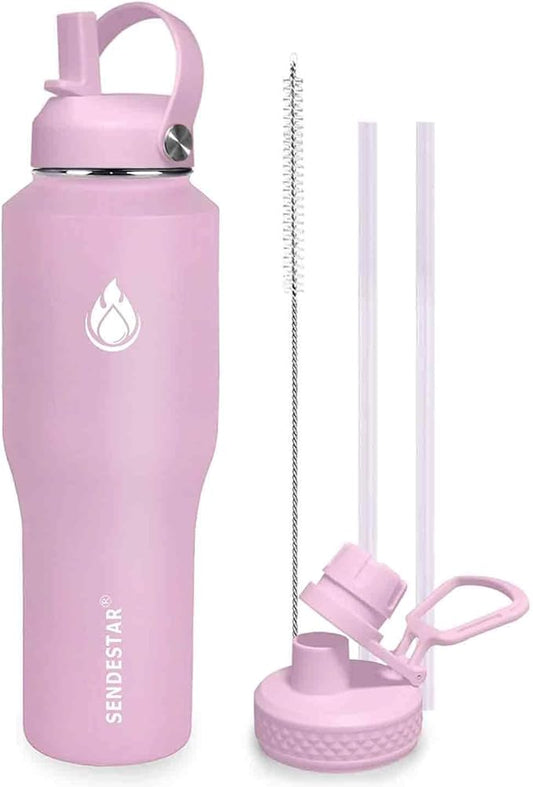 SENDESTAR 32oz Water Bottle Wide Mouth Stainless Steel Vacuum Insulated Double Wall with 2 Straw Lids Fit in Any Car Cup Holder TXIN-32-PH-1