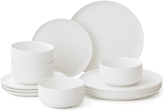 Stoneware Plates and Bowls Set - 12pcs Reactive Glazed Dinnerware Service for 4, Scratch & Chip Resistant (Nacre White)