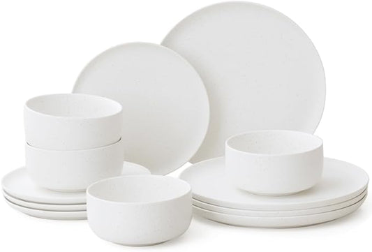 Stoneware Plates and Bowls Set - 12pcs Reactive Glazed Dinnerware Service for 4, Scratch & Chip Resistant (Nacre White)