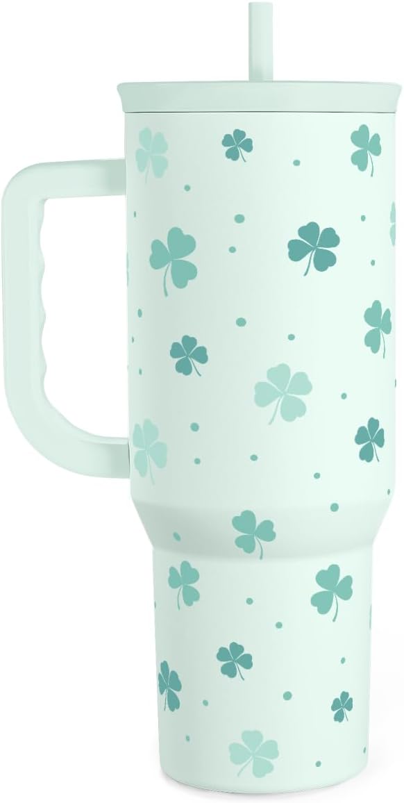 40oz Shamrock Tumbler with Handle and Straw - Insulated Stainless Steel Coffee Travel Mug, Christmas St. Patrick's Day Irish Gifts