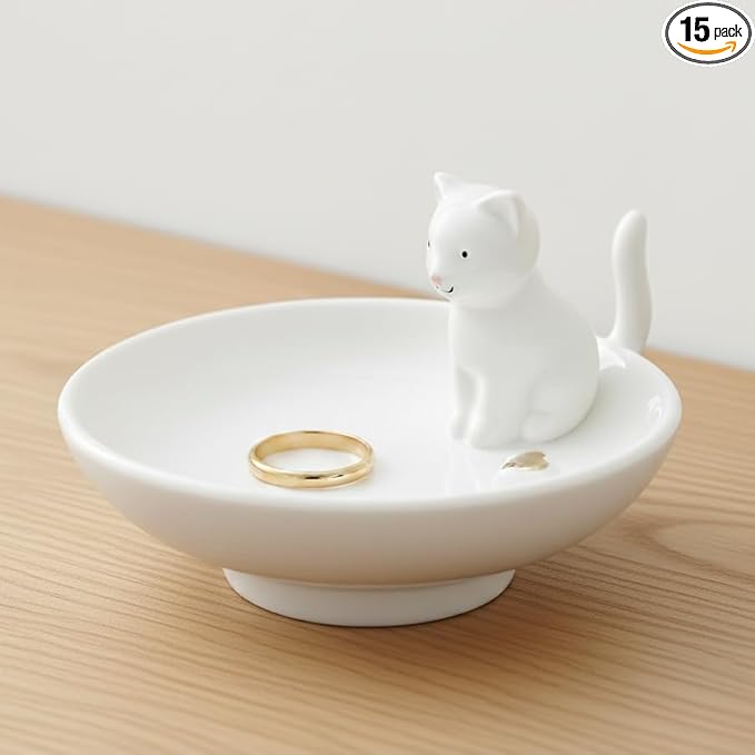 Cat Ring Holder White Room Decor, Cat Jewelry Holder, Ceramic Jewelry Tray Trinket Bowl, Ring Dish Tower Rack for Women,Home Decoration Gift for Mom,Gift for Birthday, Christmas, Halloween