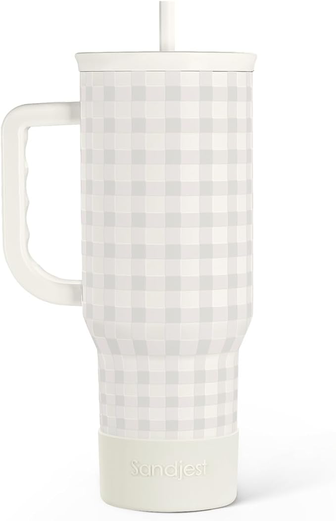 Grey Gingham 40oz Slider Tumbler with Handle and Straw - Insulated Stainless Steel Travel Coffee Mug for Women Girls, Gift for Birthday, Christmas