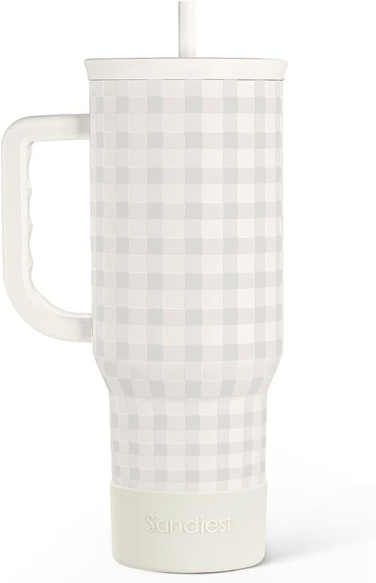 Grey Gingham 40oz Slider Tumbler with Handle and Straw - Insulated Stainless Steel Travel Coffee Mug for Women Girls, Gift for Birthday, Christmas