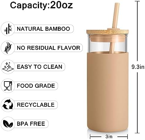 Tronco 20 oz Glass Tumbler with Lid and Straw, Iced Coffee Cup and Smoothie Cup with Bamboo Lids & Protective Silicone Sleeve, Dishwasher Safe, BPA-Free, Glass Cup 1 Pack