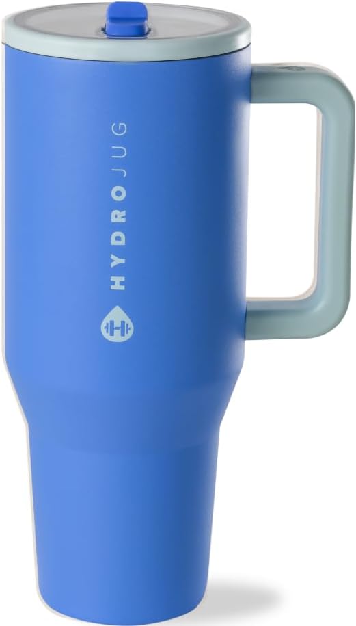 HydroJug Traveler - 32 oz Water Bottle with Handle & Flip Straw - Fits in Cup Holder, Leak Resistant Tumbler-Reusable Insulated Stainless Steel & Rubber Base - Gifts for Women & Men, Riptide
