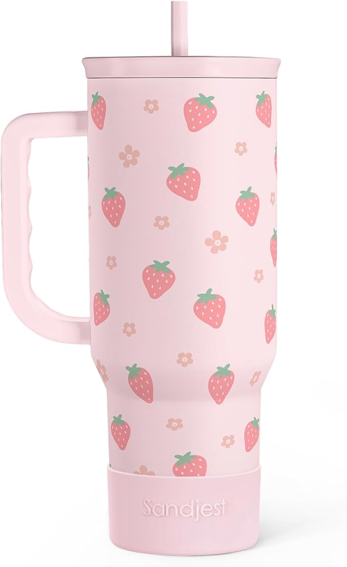 Strawberry Tumbler with Handle 40oz – Insulated Stainless Steel Travel Coffee Mug Cup for Girls Women, Gift for Christmas, Birthday
