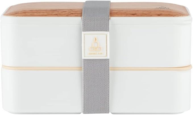 Restaurantware Bento Tek 40.5 Ounces Stackable Lunch Box 1 Reusable Adult Lunch Container - With Utensils Included Sauce Cup Wood Grain & White Plastic Layered Lunch Box Microwavable Dishwashable