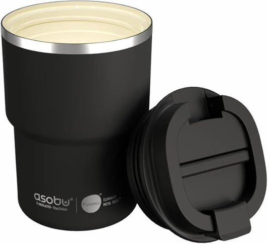 asobu Travel Mug Ceramic Coated Stainless Steel Insulated with Leak and Spill Proof Lid – Fits Standard Cup Holders 12 oz Tumbler (Black)