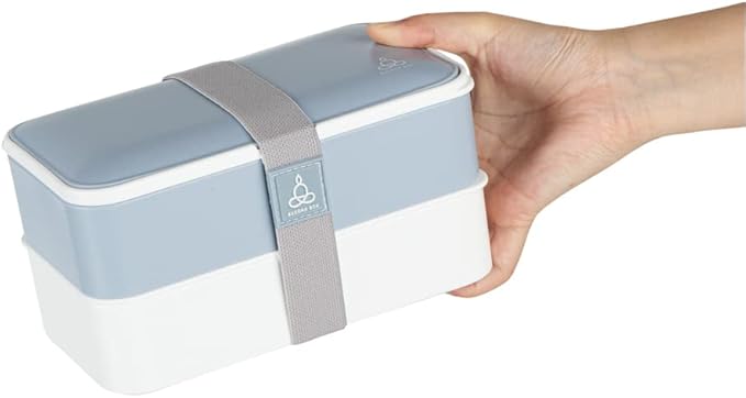 Restaurantware Bento Tek 40.5 Ounces Stackable Lunch Box 1 Reusable Adult Lunch Container - With Utensils Included Sauce Cup Blue & White Plastic Layered Lunch Box Microwavable Dishwashable