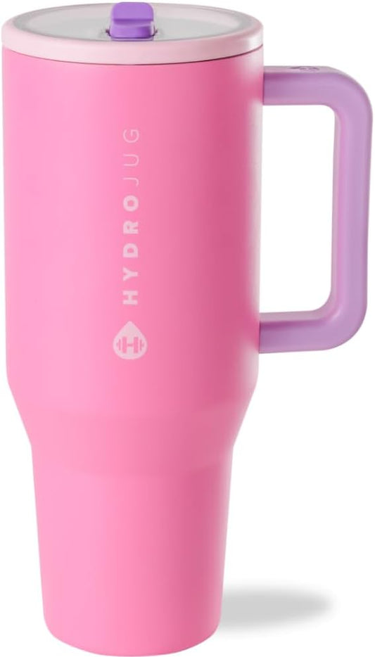 HydroJug Traveler - 40 oz Water Bottle with Handle & Flip Straw - Fits in Cup Holder, Leak Resistant Tumbler-Reusable Insulated Stainless Steel & Rubber Base - Gifts for Women & Men, Pink Sugar