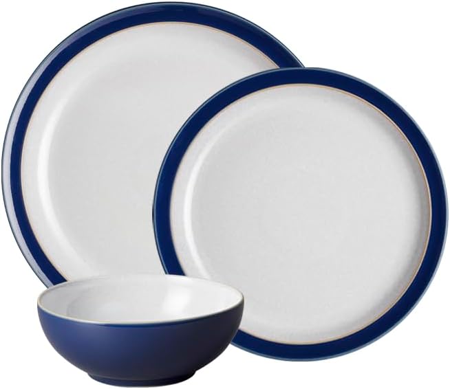 Denby - Elements Dark Blue 3 Piece Set For 1 - Contemporary One Person Ceramic Tableware - Dishwasher & Microwave Safe, Scratch Resistant Stoneware - Includes 1 x Large Plate, Side Plate & Cereal Bowl