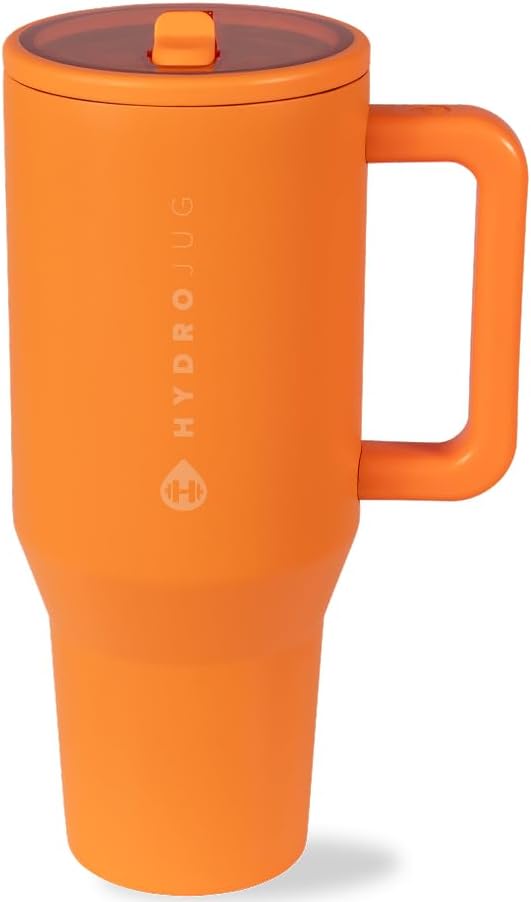 HydroJug Traveler - 32 oz Water Bottle with Handle & Flip Straw - Fits in Cup Holder, Leak Resistant Tumbler-Reusable Insulated Stainless Steel & Rubber Base - Gifts for Women & Men, Tangerine