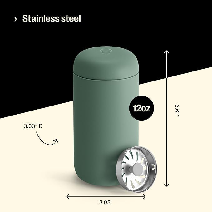 Fellow 12 oz Carter Move Travel Mug - Vacuum-Insulated Stainless Steel Travel Coffee Mug - Coffee Tumbler with Ceramic Interior and Splash Guard - Smoke Green