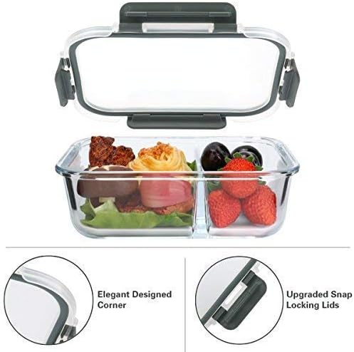 [5-Pack,36 Oz]Glass Meal Prep Containers 2 Compartments Portion Control with Upgraded Snap Locking Lids Glass Food Storage Containers, Microwave, Oven, Freezer and Dishwasher (4.5 Cups)