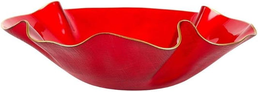 Vietri Holiday Glass Medium Ruffled Bowl, 12"D Red/Gold Decorative Christmas Serving/Mixing Dish