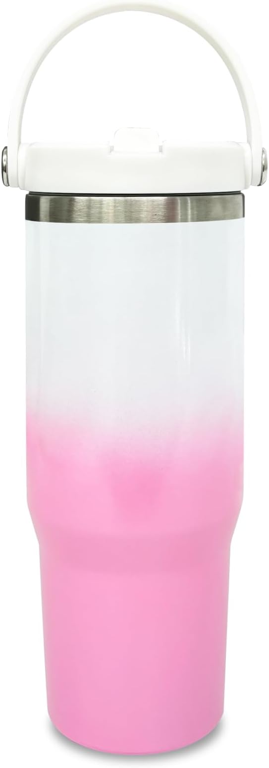 30 oz Tumbler with Handle and Straw, Vacuum Insulated Tumblers with Flip Straw and Top Handle, Leakproof Tumbler, Stainless Steel Travel Mug for Coffee Water, Cold for 20 Hours(Pink White Gradient)