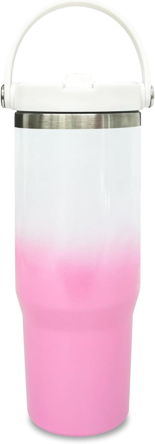 30 oz Tumbler with Handle and Straw, Vacuum Insulated Tumblers with Flip Straw and Top Handle, Leakproof Tumbler, Stainless Steel Travel Mug for Coffee Water, Cold for 20 Hours(Pink White Gradient)