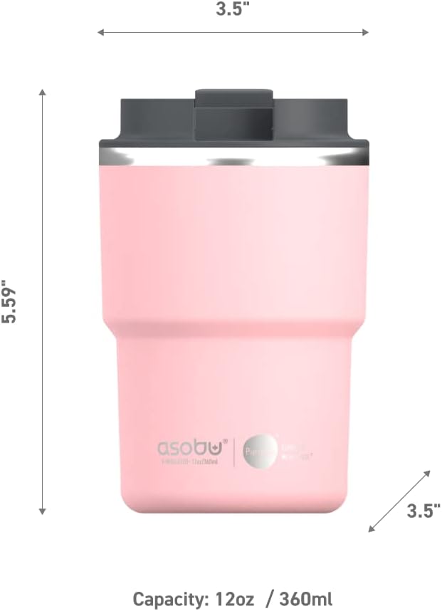 asobu Travel Mug Ceramic Coated Stainless Steel Insulated with Leak and Spill Proof Lid – Fits Standard Cup Holders 12 oz Tumbler (Pink)