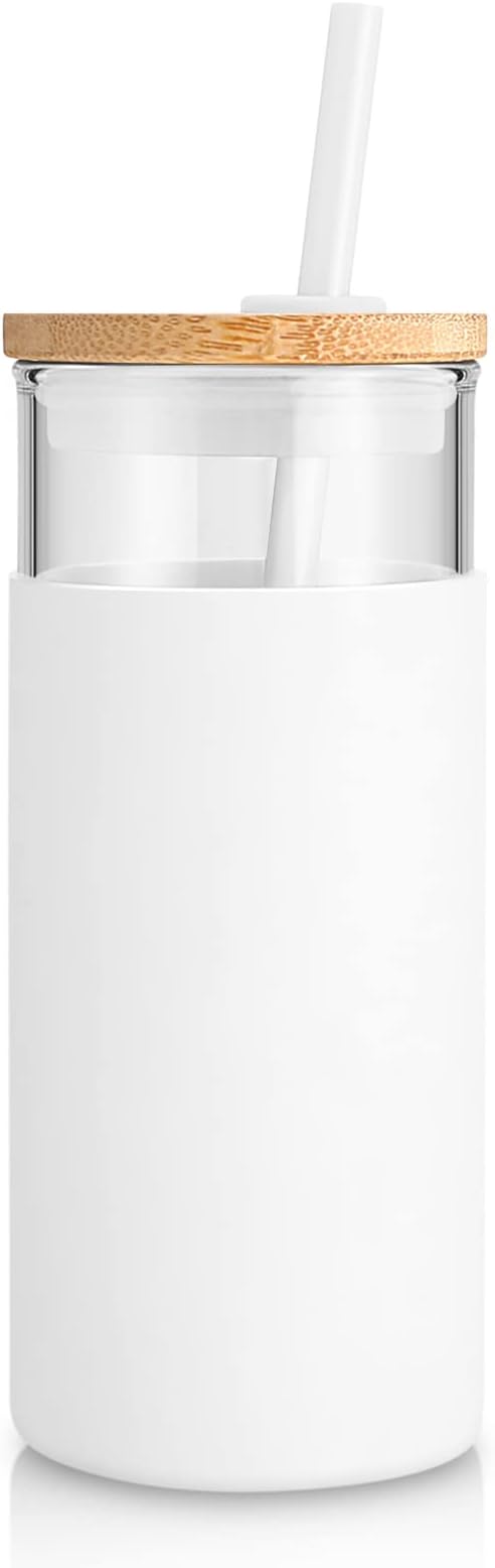 Tronco 20 oz Glass Tumbler with Lid and Straw, Iced Coffee Cup and Smoothie Cup with Bamboo Lids & Protective Silicone Sleeve, Dishwasher Safe, BPA-Free, Glass Cup 1 Pack