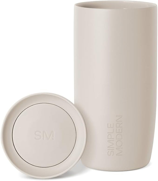 Simple Modern Travel Coffee Mug Tumbler with 360° Lid | Ceramic-Lined Insulated Stainless Steel Cold Brew Iced Coffee Cup Thermos | Gift for Women Men Her Him | Voyager Signature | 16oz | Almond Birch