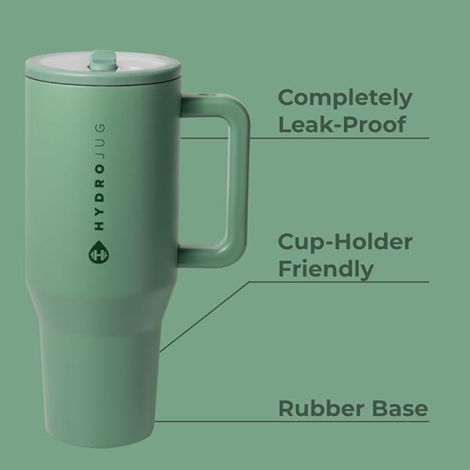 HydroJug Traveler - 32 oz Water Bottle with Handle & Flip Straw - Fits in Cup Holder, Leak Resistant Tumbler-Reusable Insulated Stainless Steel & Rubber Base - Gifts for Women & Men, Sage