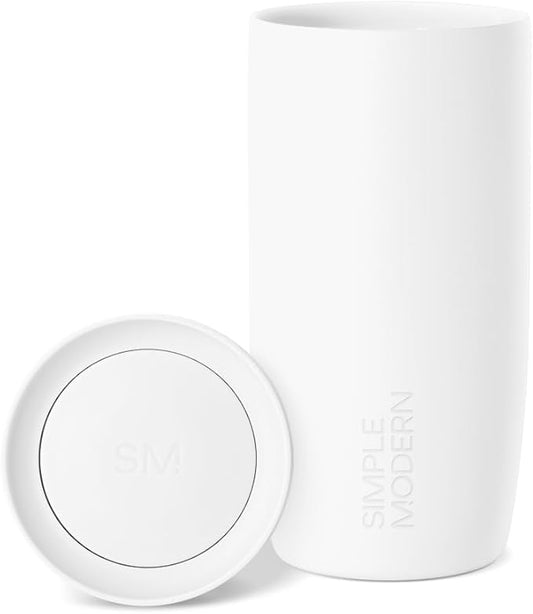 Simple Modern Travel Coffee Mug Tumbler with 360° Lid | Ceramic-Lined Insulated Stainless Steel Cold Brew Iced Coffee Cup Thermos | Gift for Women Men Her Him | Voyager Signature | 16oz | Winter White