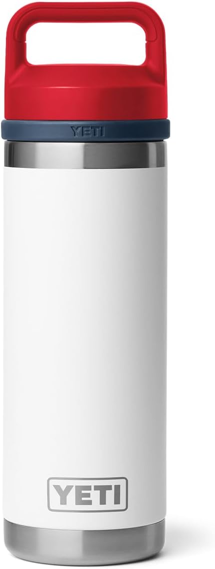 YETI Rambler 18 oz Bottle, Vacuum Insulated, Leakproof, Stainless Steel with Chug Cap, White/Navy/Rescue Red