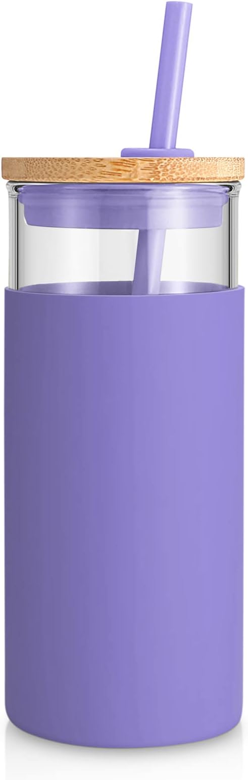 Tronco 20 oz Glass Tumbler with Lid and Straw, Iced Coffee Cup and Smoothie Cup with Bamboo Lids & Protective Silicone Sleeve, Dishwasher Safe, BPA-Free, Glass Cup 1 Pack