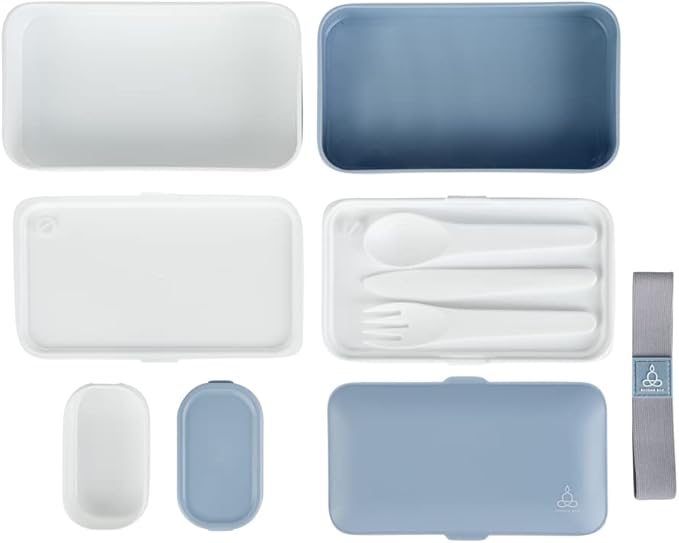 Restaurantware Bento Tek 40.5 Ounces Stackable Lunch Box 1 Reusable Adult Lunch Container - With Utensils Included Sauce Cup Blue & White Plastic Layered Lunch Box Microwavable Dishwashable