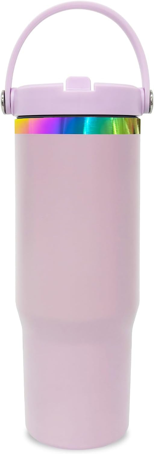 30 oz Tumbler with Handle and Straw, Vacuum Insulated Tumblers with Flip Straw and Top Handle, Leakproof Powder Coated Tumbler, Stainless Steel Travel Mug for Coffee Water (Purple)