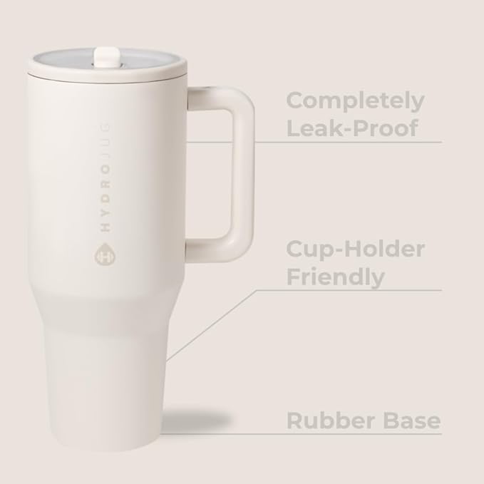 HydroJug Traveler - 40 oz Water Bottle with Handle & Flip Straw - Fits in Cup Holder, Leak Resistant Tumbler-Reusable Insulated Stainless Steel & Rubber Base - Gifts for Women & Men, Cream