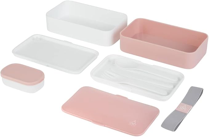 Restaurantware Bento Tek 40.5 Ounces Stackable Lunch Box 1 Reusable Adult Lunch Container - With Utensils Included Sauce Cup Pink & White Plastic Layered Lunch Box Microwavable Dishwashable