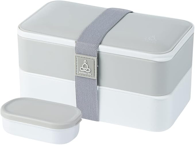 Restaurantware-Bento Tek 40.5 Ounces Stackable Lunch Meal Box, 1 Reusable Adult Lunch Container - With Utensils, Included Sauce Cup, Gray & White Plastic Layered Meal Box, Microwavable, Dishwashable