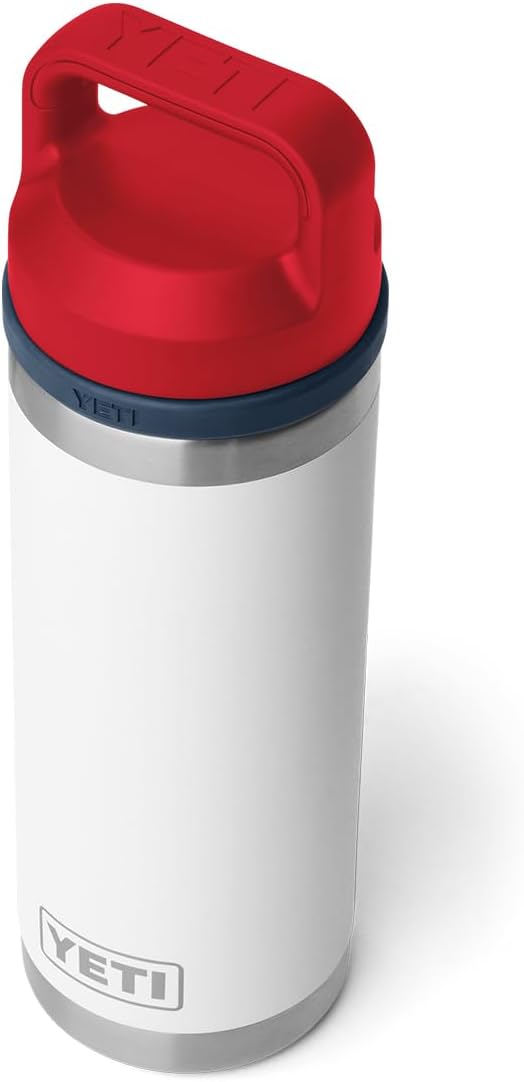 YETI Rambler 18 oz Bottle, Vacuum Insulated, Leakproof, Stainless Steel with Chug Cap, White/Navy/Rescue Red