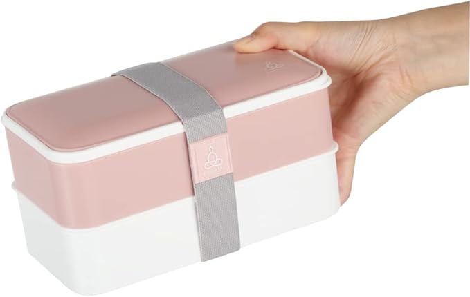 Restaurantware Bento Tek 40.5 Ounces Stackable Lunch Box 1 Reusable Adult Lunch Container - With Utensils Included Sauce Cup Pink & White Plastic Layered Lunch Box Microwavable Dishwashable