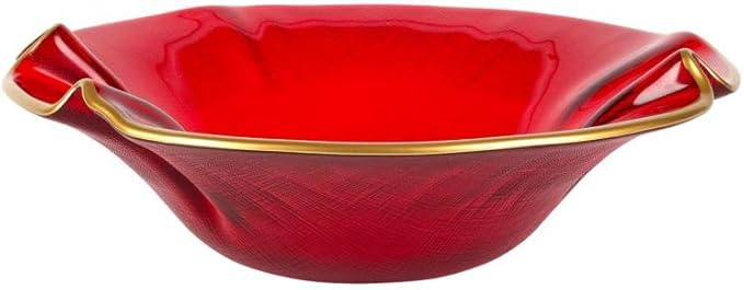 Vietri Holiday Glass Small Ruffled Bowl, 9.5"D Red/Gold Decorative Christmas Serving/Mixing Dish