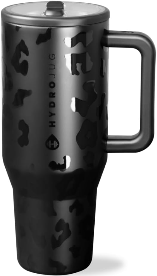 HydroJug Traveler - 32 oz Water Bottle with Handle & Flip Straw - Fits in Cup Holder, Leak Resistant Tumbler-Reusable Insulated Stainless Steel & Rubber Base - Gifts for Women & Men, Black Leopard