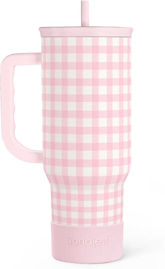 Pink Gingham 40oz Slider Tumbler with Handle and Straw - Insulated Stainless Steel Travel Coffee Mug for Women Girls, Gift for Birthday, Christmas