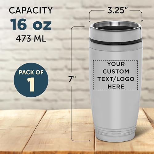 DISCOUNT PROMOS Custom 16 oz Stainless Steel Coffee Tumbler - Custom Cups with Names, Photos, Logos - Personalized Design for Hot & Cold Drinks - Silver