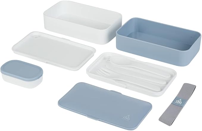 Restaurantware Bento Tek 40.5 Ounces Stackable Lunch Box 1 Reusable Adult Lunch Container - With Utensils Included Sauce Cup Blue & White Plastic Layered Lunch Box Microwavable Dishwashable