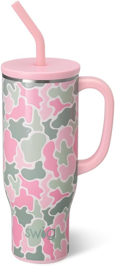 Swig Life 30oz Mega Mug, 30oz Tumbler with Handle and Straw, Large Insulated Tumblers, Cup Holder Friendly Travel Mug, Stainless Steel 30 oz Tumbler, Reusable Insulated Water Bottle (Blushing Camo)