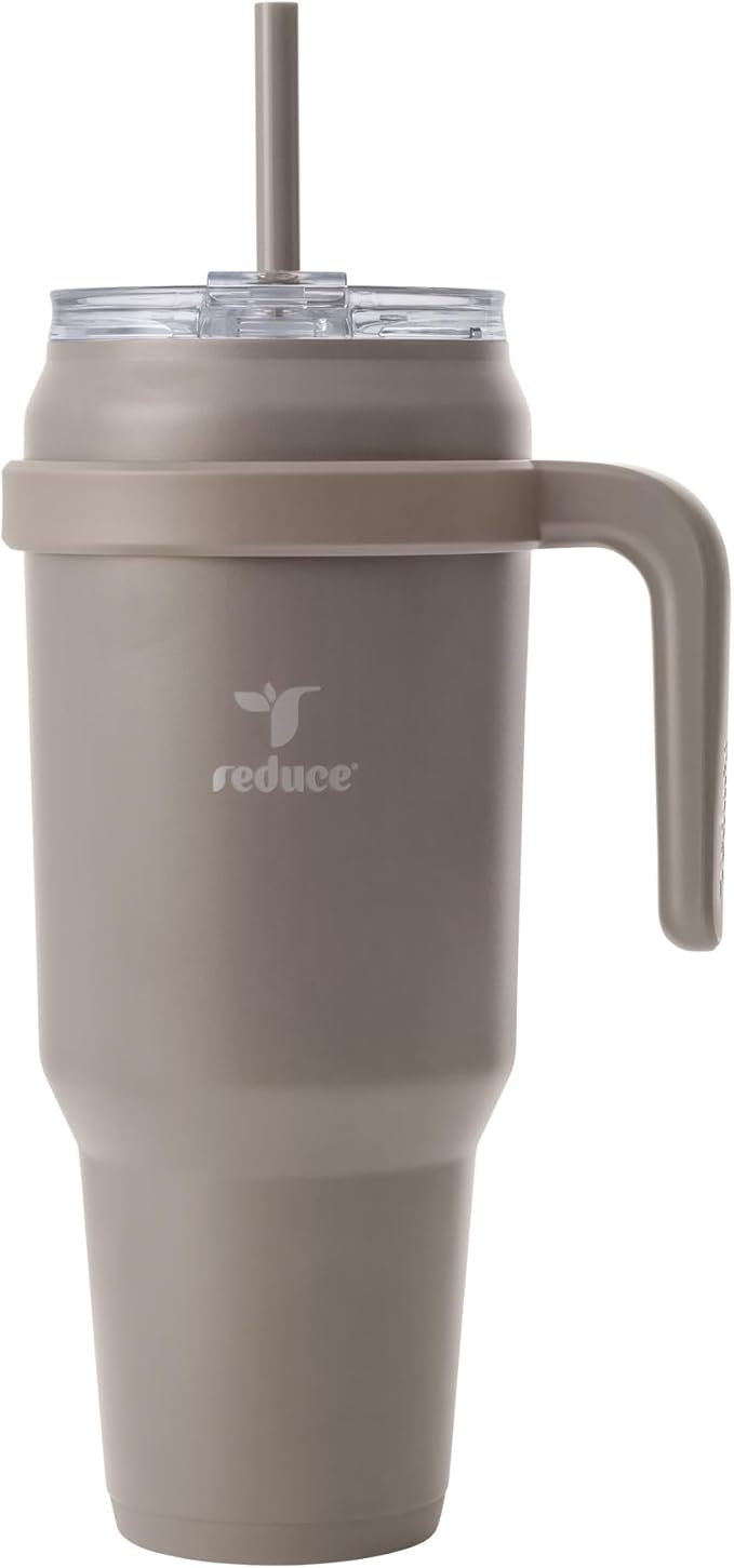 REDUCE 50 oz Stainless Steel Tumbler with Handle - Dual-Wall Vacuum Insulated Travel Mug, Sweat-Proof Lid & Reusable Straw - Keeps Drinks Cold for 24 Hrs, Fits Cupholders, Dishwasher Safe - Mocha