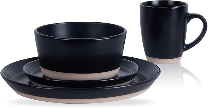 Stone Lain Jules Modern Stoneware 32-Piece Round Black Dinnerware Set, Plates and Bowls Sets, Dish Set for 8, Black