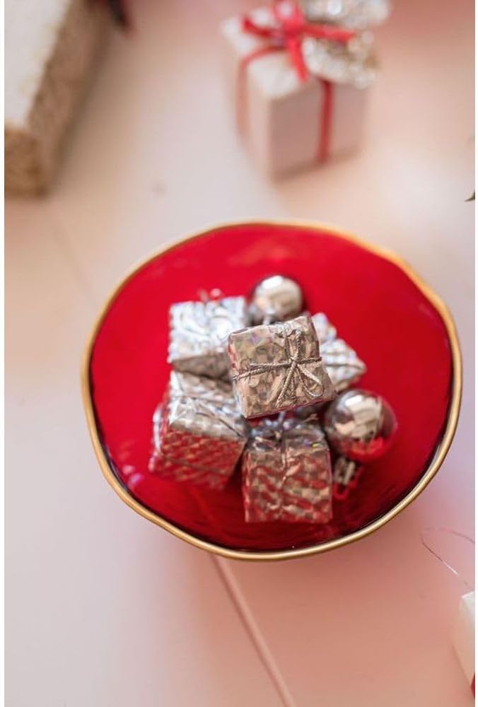 Vietri Holiday Glass Medium Ruffled Bowl, 12"D Red/Gold Decorative Christmas Serving/Mixing Dish