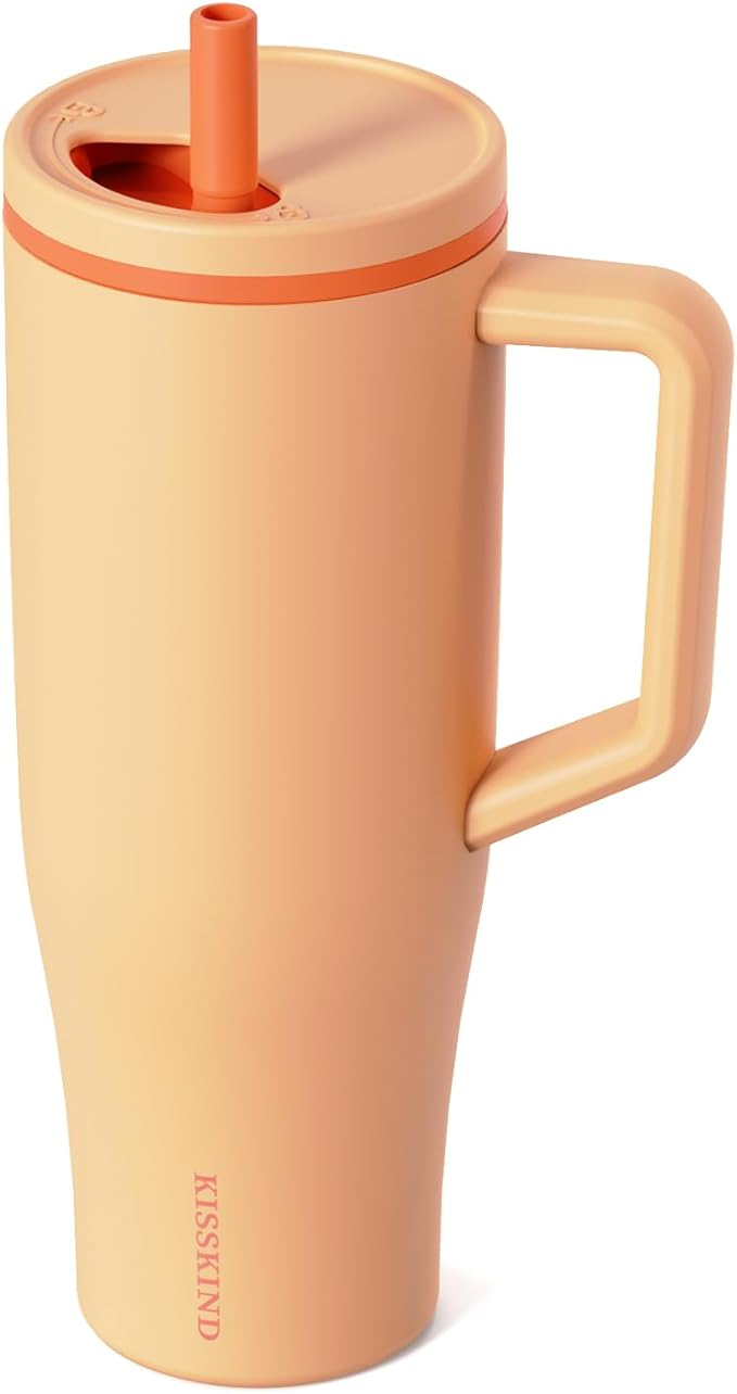 KISSKIND 40 oz Tumbler with Handle and Straw | Lumi Spin Hidden Straw 100% Leakproof Insulated Tumbler | Stainless Steel Water Bottle for Mom, Nurse, Teacher | Orange