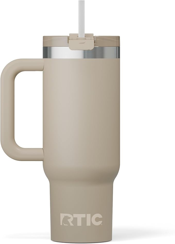 RTIC 30 oz Road Trip Tumbler Double-Walled Ceramic Lined InsulatedStainless Steel Portable Travel Coffee Mug Cup with Lid, Handle and Straw, Beach
