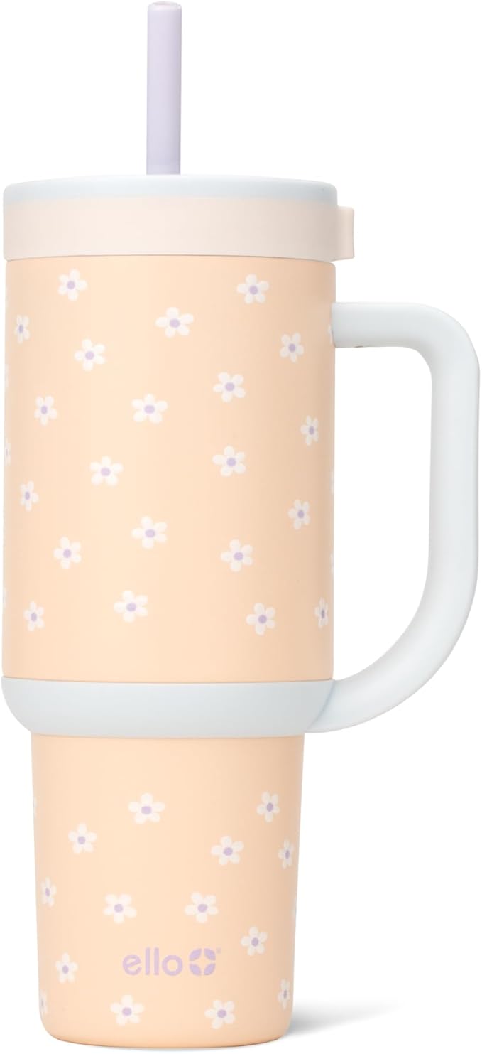 Ello Oasis 30 oz Tumbler with Handle & Retracting Straw | Reusable Insulated Stainless Steel Cup 100% Leakproof, Gifts for Teens Women Men | Keeps cold for 24 Hours, Cup Holder Friendly, Daisies