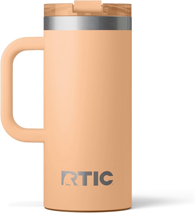 RTIC 16oz Road Trip Travel Mug with Lid and Handle, Ceramic Lined, Insulated, Stainless Steel, Metal, Double Wall Vacuum-Insulation, Portable Coffee, Tea Cup for Hot and Cold Drink, Peach Tea