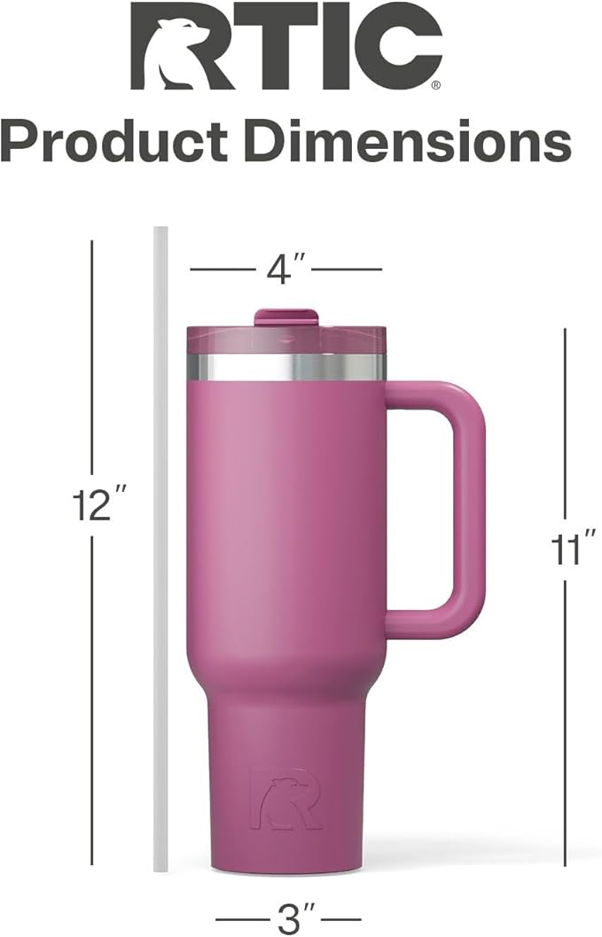 RTIC 40 oz Road Trip Tumbler Double-Walled Cermaic Lined Insulated Stainless Steel Portable Travel Coffee Mug Cup with Lid, Handle and Straw, Orchid