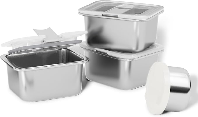 Stainless Steel Snack Box Containers for Kids, 3 Pack 12.8 oz Leak-Proof Microwave-safe Small Food Storage Container with Lid, Metal Compact Bento Lunch Box Container for School Travel